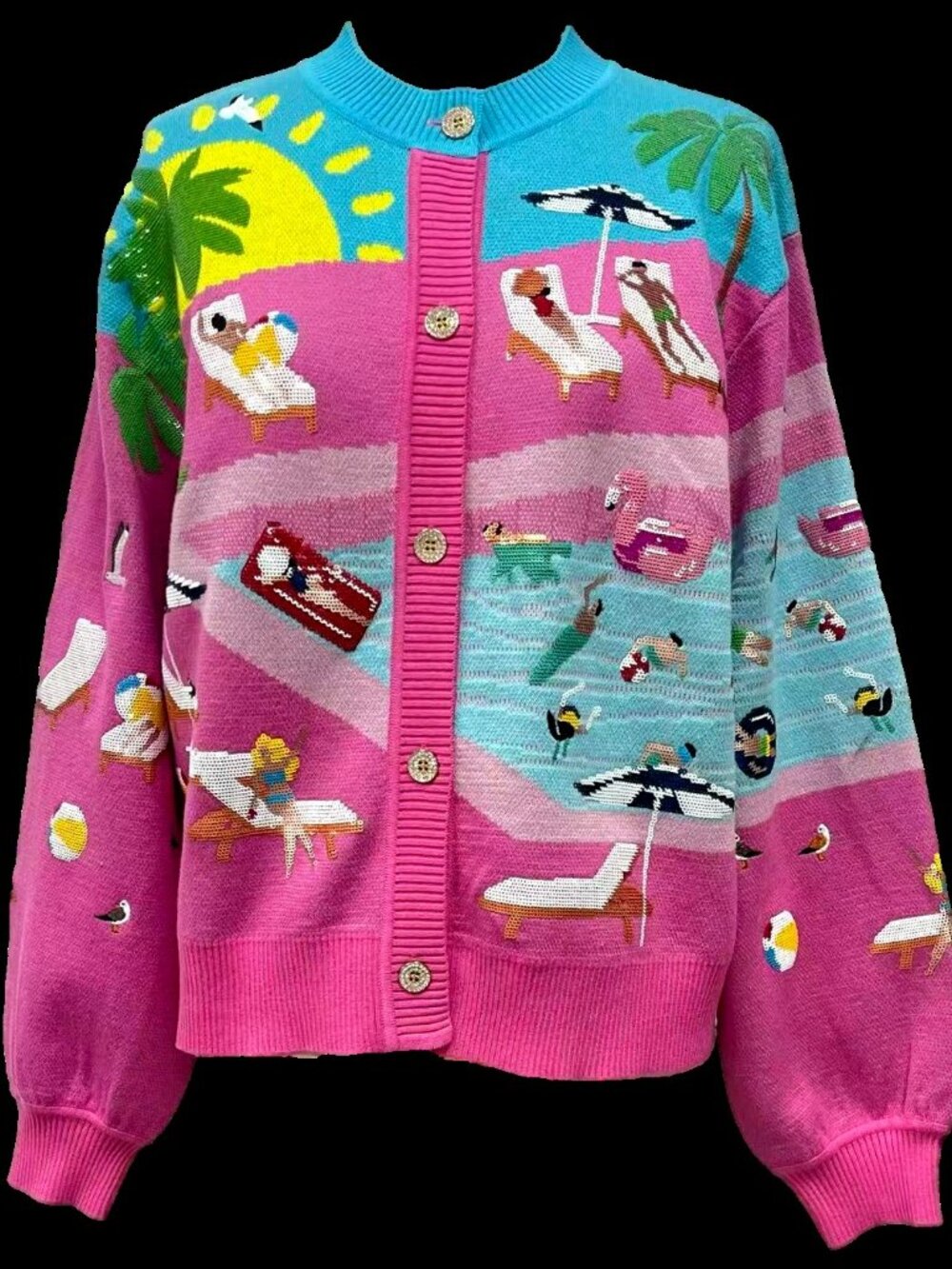 NWT Queen of Sparkles Pink Swimming Pool Button-Up Cardigan - Picture 3 of 4